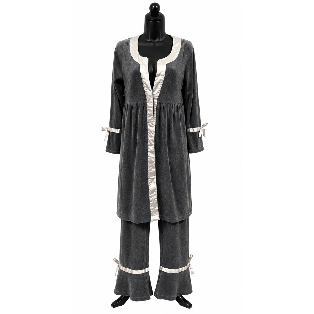 Sweet Mommy Maternity Womens Robe Pant Pajama Set Small Gray Velour Cotton